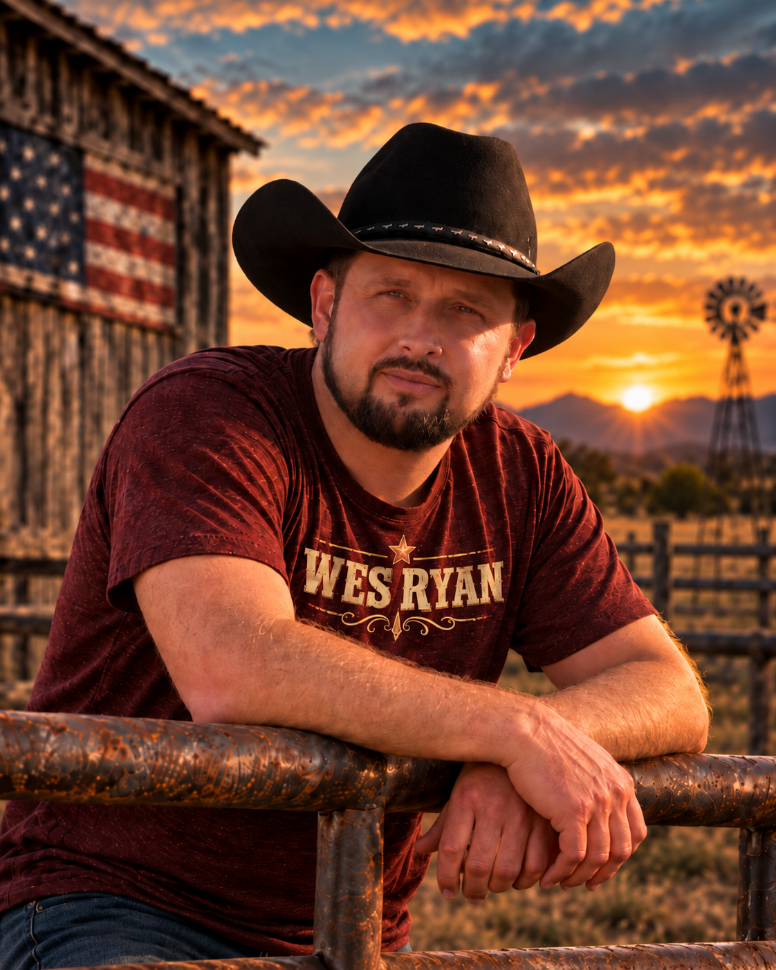 Wes Ryan in a black cowboy hat and red Wes Ryan shirt leaning on a ranch gate at sunset